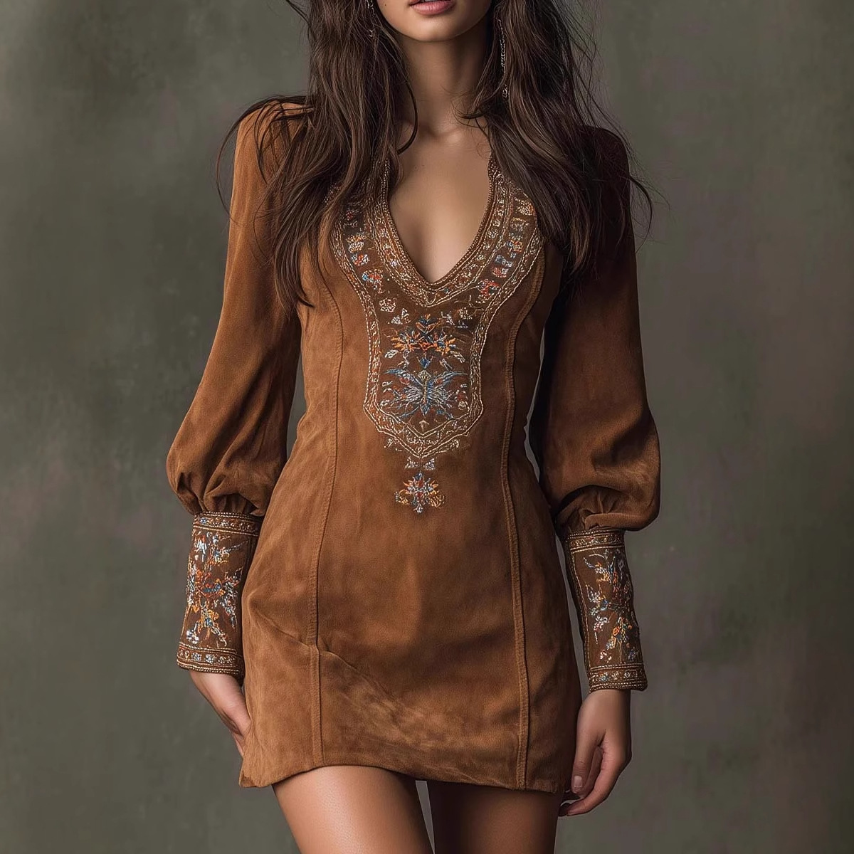 Women's Long Sleeve V-Neck Embroidered Bodycon Mini Dress