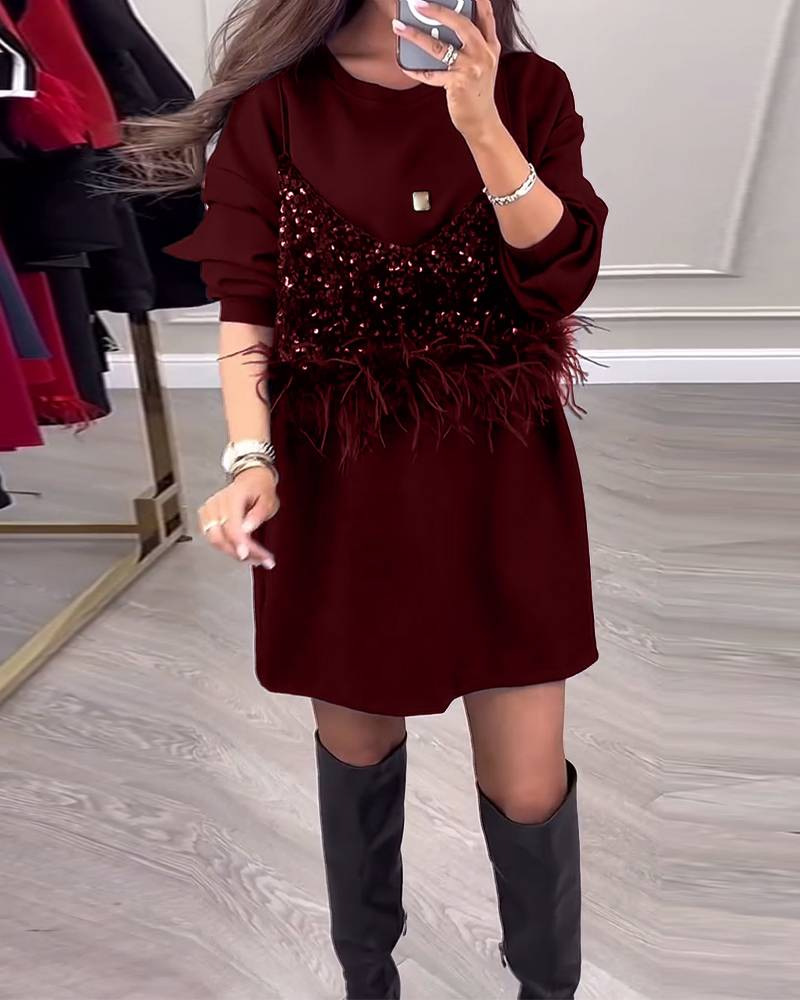 Women's Sequin Feather Patchwork Round Neck Midi Dress