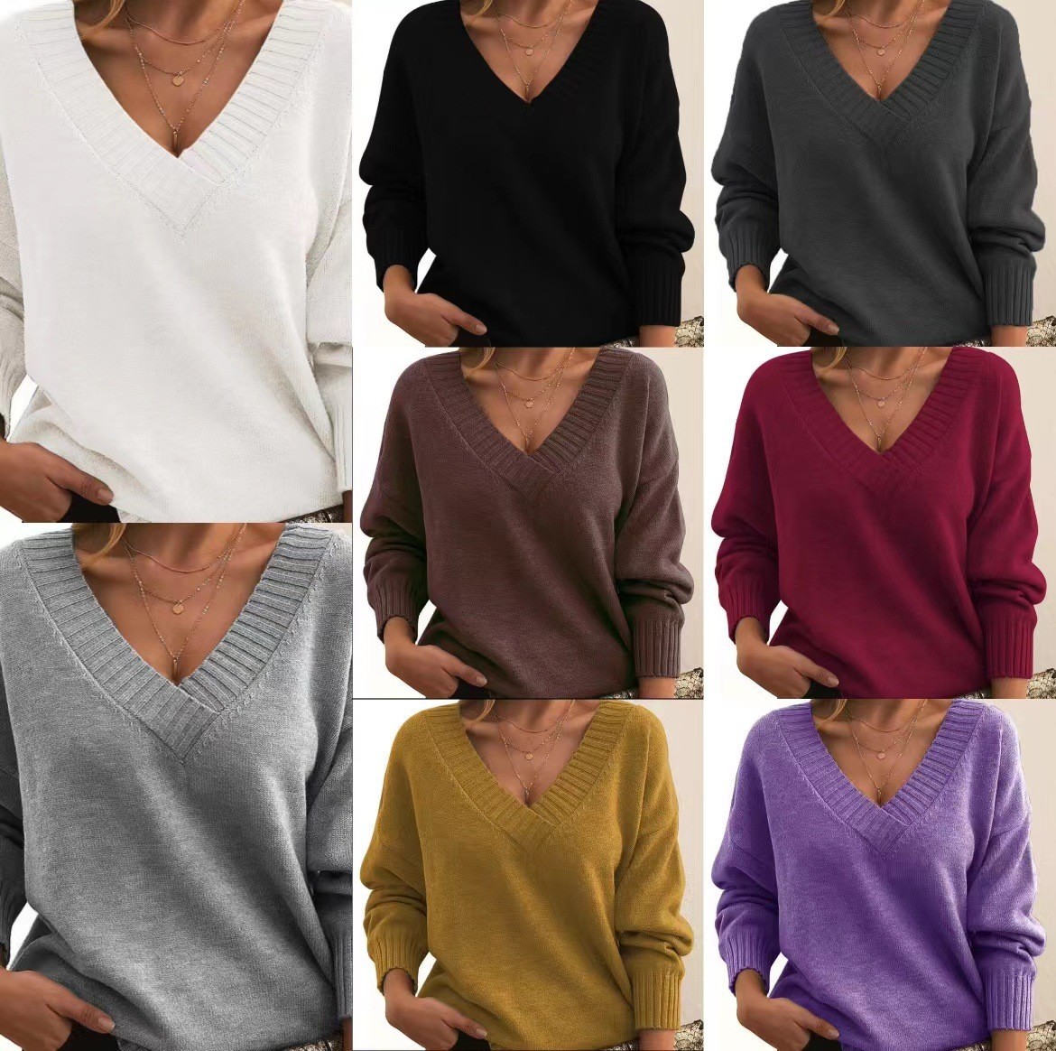 Women's Loose V-Neck Pullover Sweater Casual Knit Top