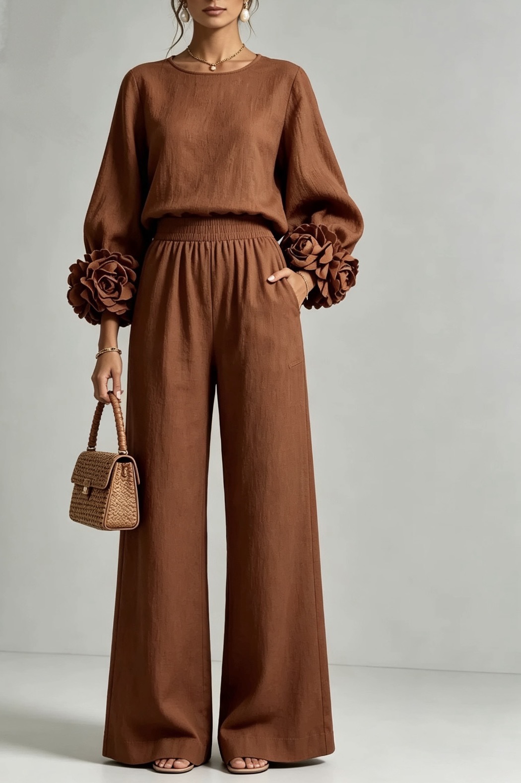 Floral Cuff Top and Wide-Leg Pants Set