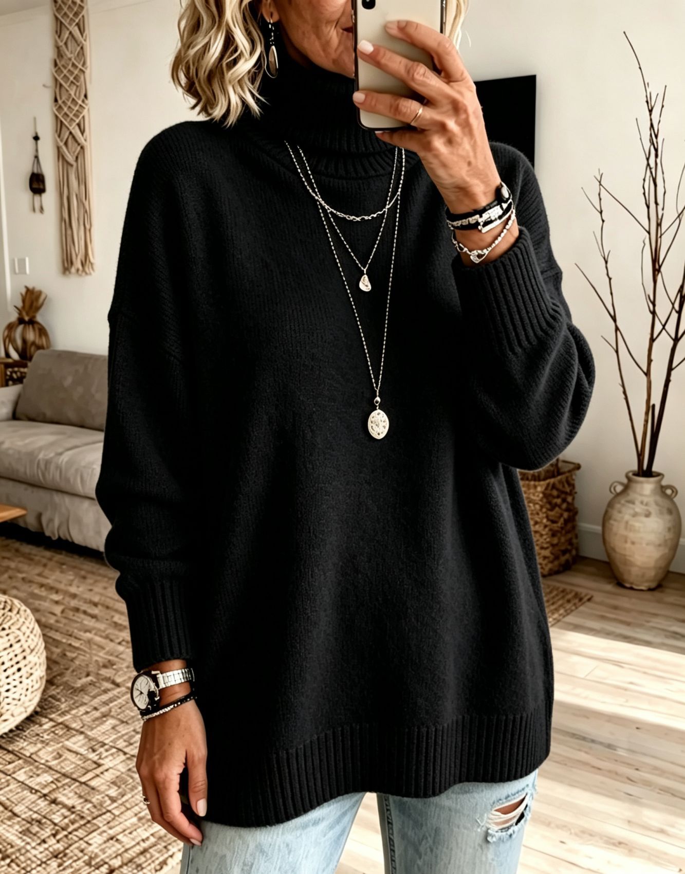 Women's Turtleneck Sweater Loose Knit Pullover Soft Thickened Base Layer