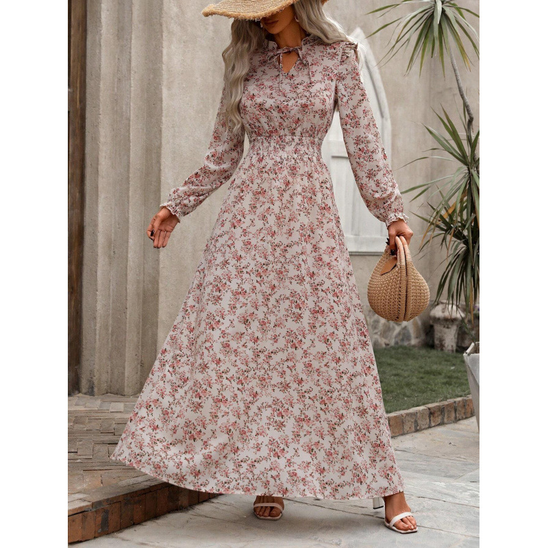 Floral Print Long Sleeve A-Line Maxi Dress with High Waist
