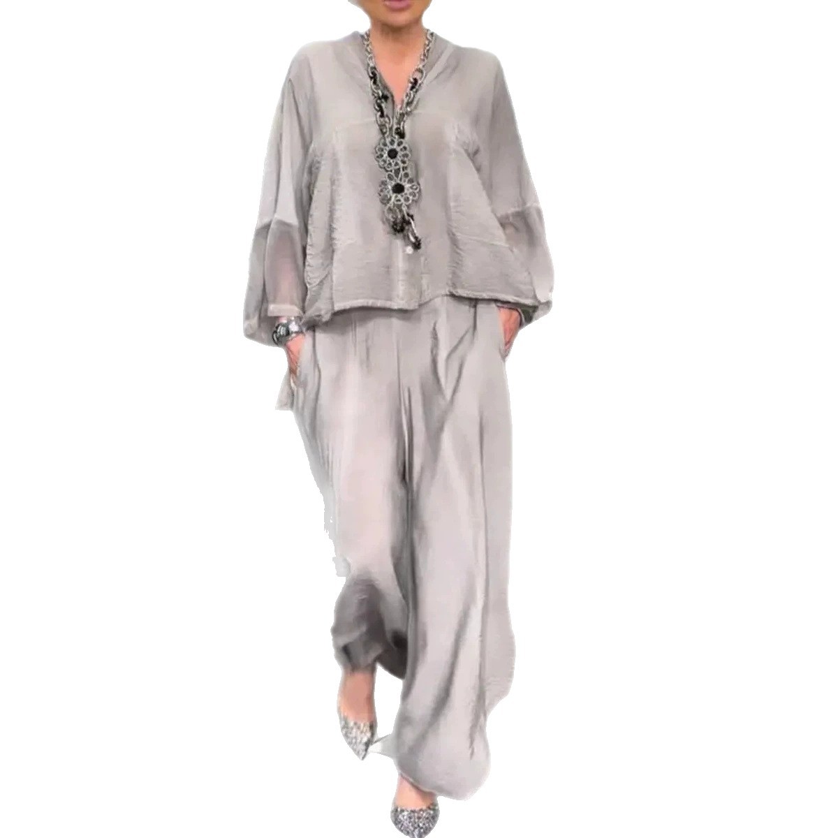 Women's Casual Loose Cotton-Linen Spliced Chiffon V-Neck Long-Sleeve Two-Piece Set