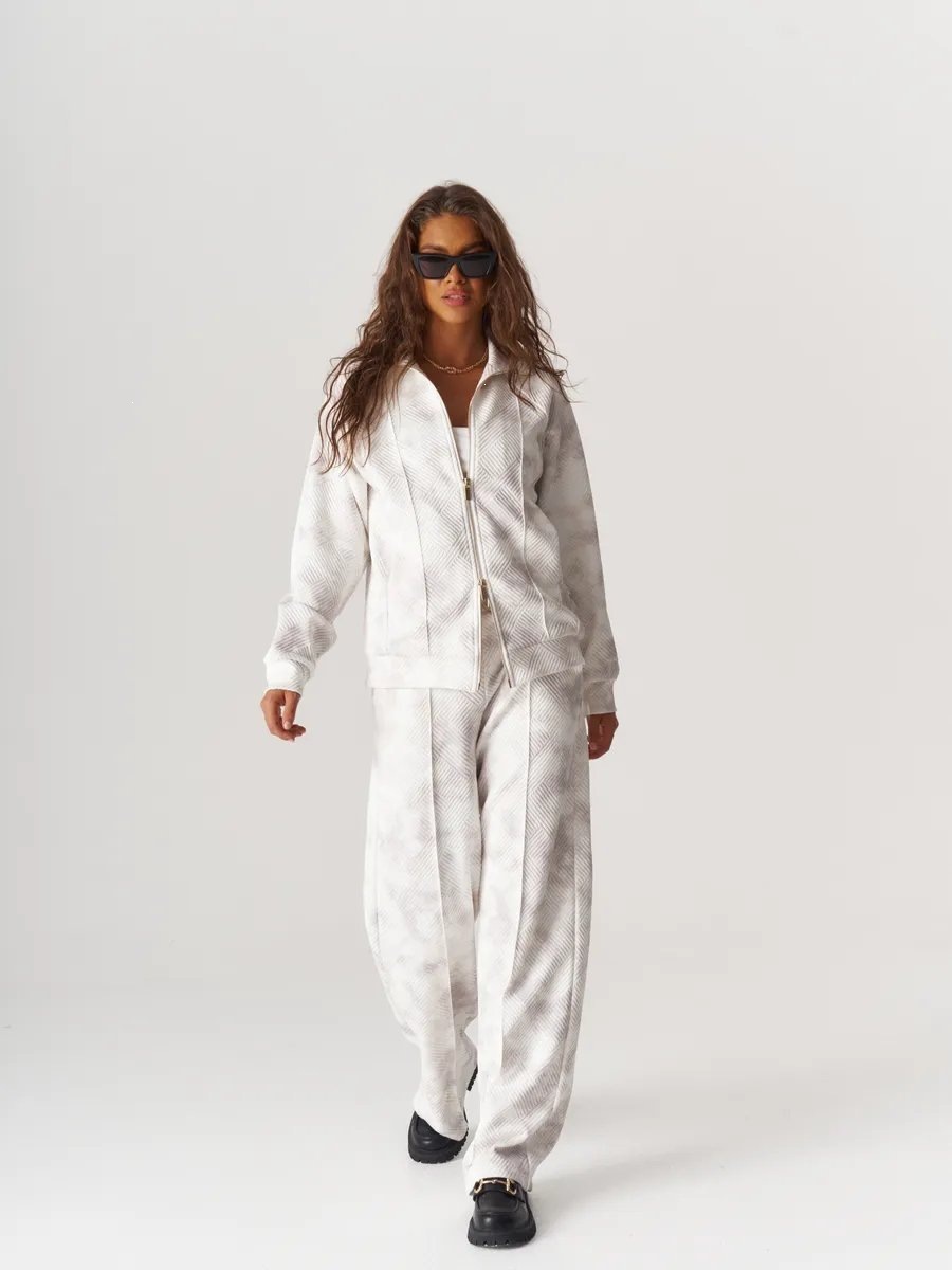 Women's Solid Color Long Sleeve Zip Loose Top and Tie-Waist Pants Two-Piece Set