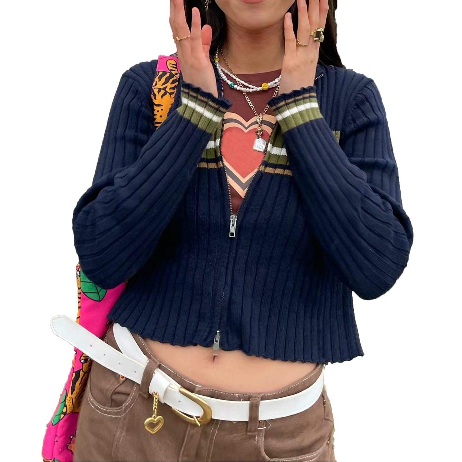 Color-Block V-Neck Zip-Up Cardigan
