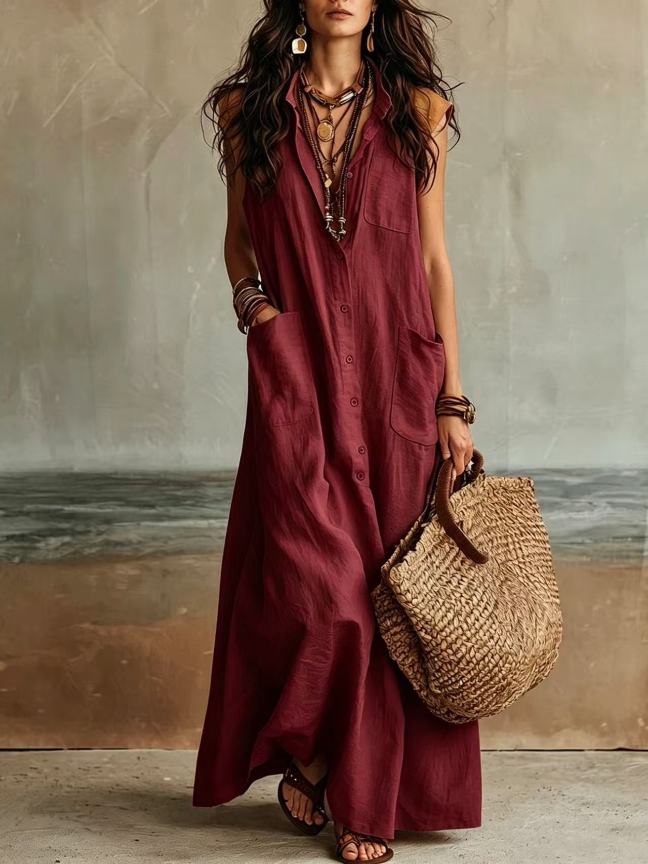 Off-Shoulder Boho Shirt Dress – Loose Fit Long Polyester Dress