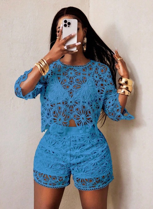 Women's Solid Color Hollow Lace Slim Fit Two-Piece Set