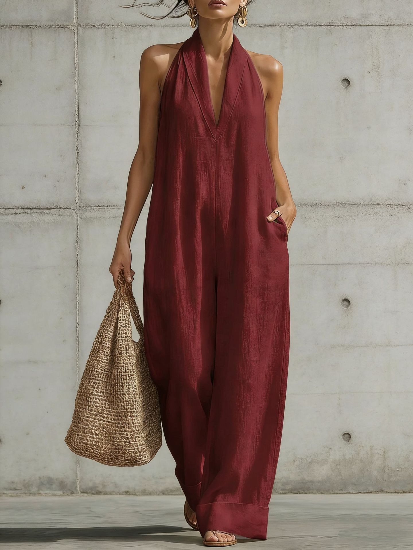 Women's Sleeveless Halter Wide-Leg Jumpsuit Solid Color Linen-Blend Long Pants