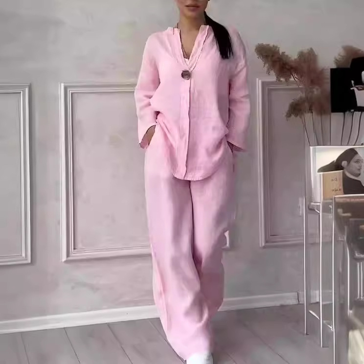 Women's Solid Color Cotton-Linen Casual Pant Set Long Sleeve
