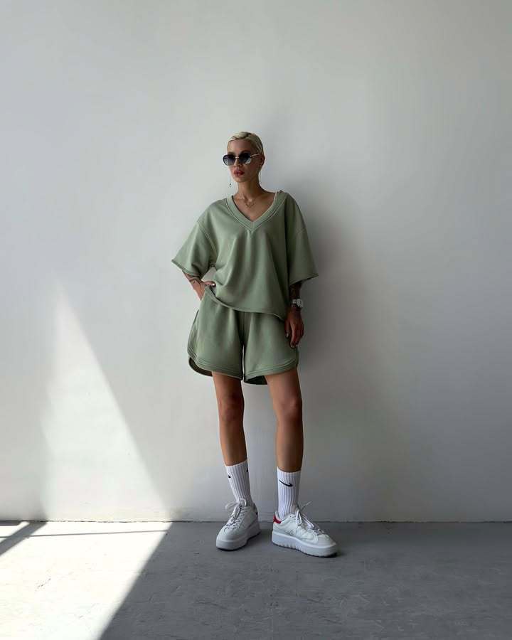 Women's V-Neck Short Sleeve Drawstring Shorts Two-Piece Casual Sport Set