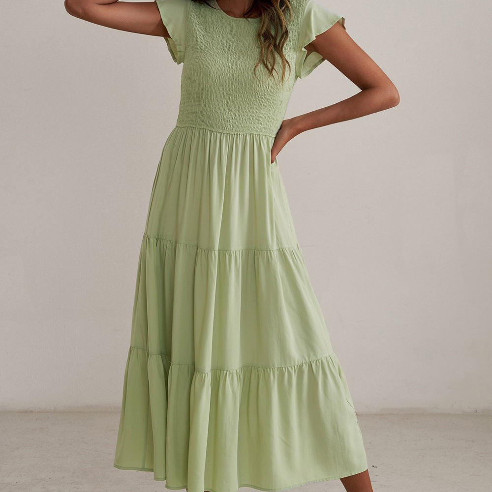 Women's Casual Literary Ruffle Midi Dress with Round Neck and Puff Sleeves