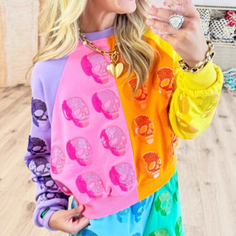 Women's Colorblock Halloween Skull Soldier Print Crewneck Sweatshirt