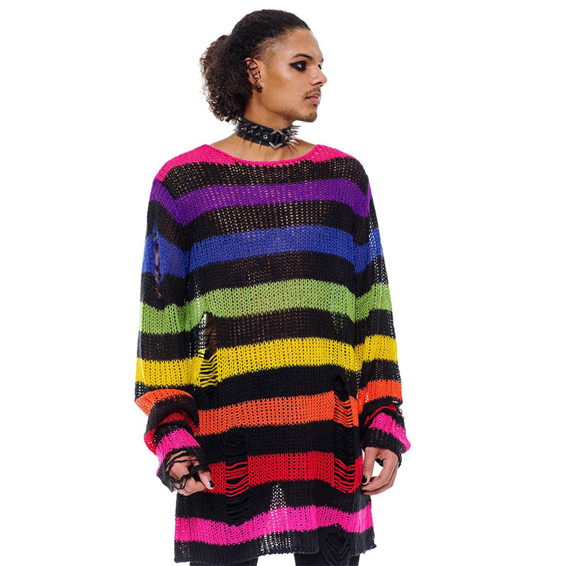 Punk Slouchy Mohair Oversized Distressed Rainbow Gradient Striped Midi Sweater
