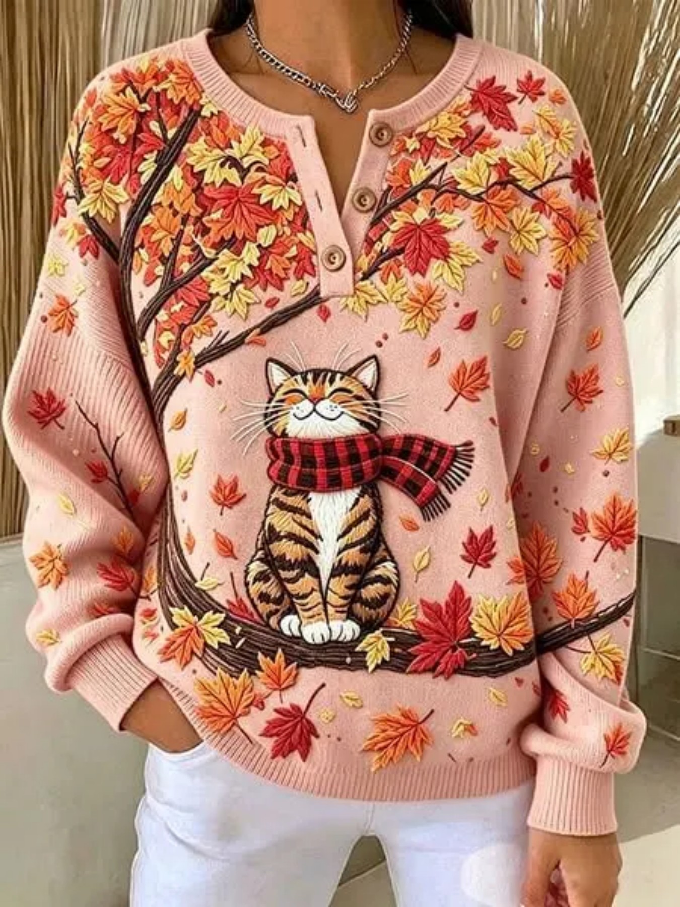 Women's Cute Cat & Maple Leaf Print Button Sweatshirt