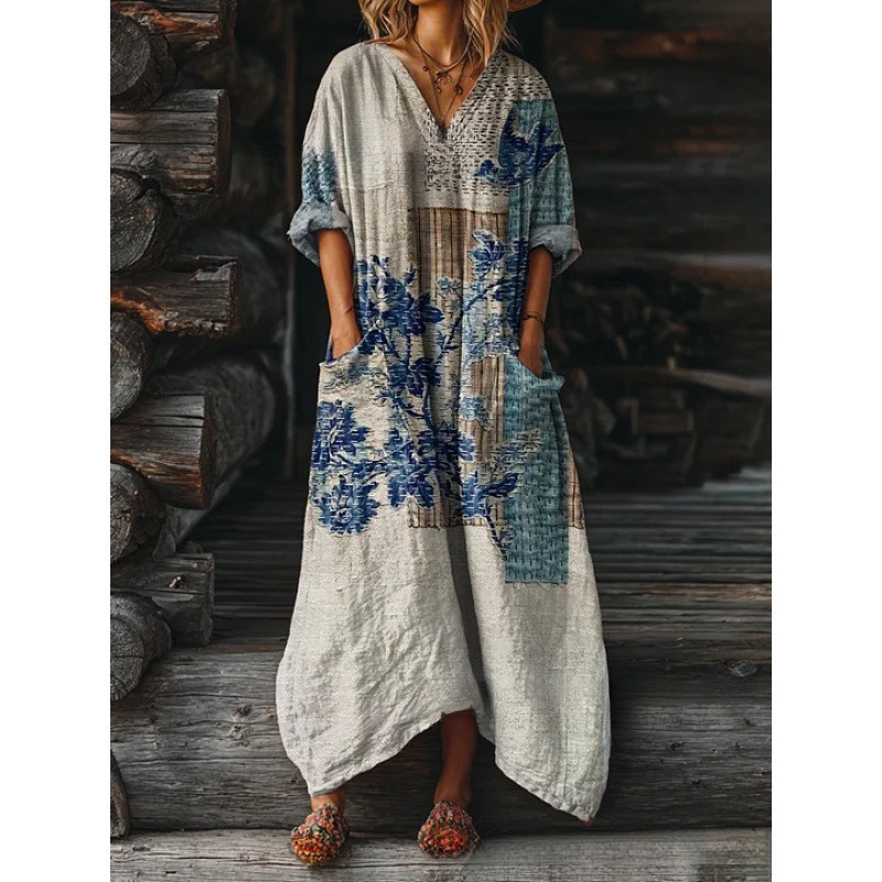 Women's Floral Ripple Print V-Neck A-Line Midi Dress Long Sleeve