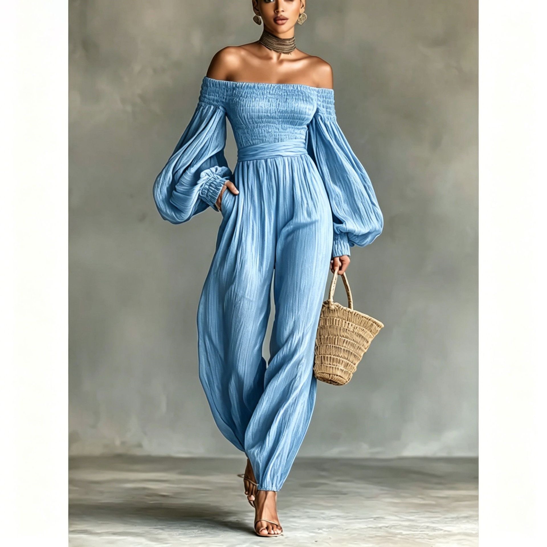 Women's Off-Shoulder Long-Sleeve Ruched Paneled Solid Color Jumpsuit