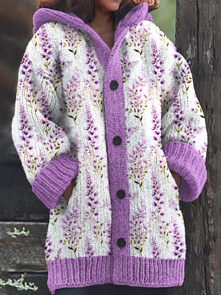 Women's Floral Ghost Print Hooded Button Cardigan Sweater