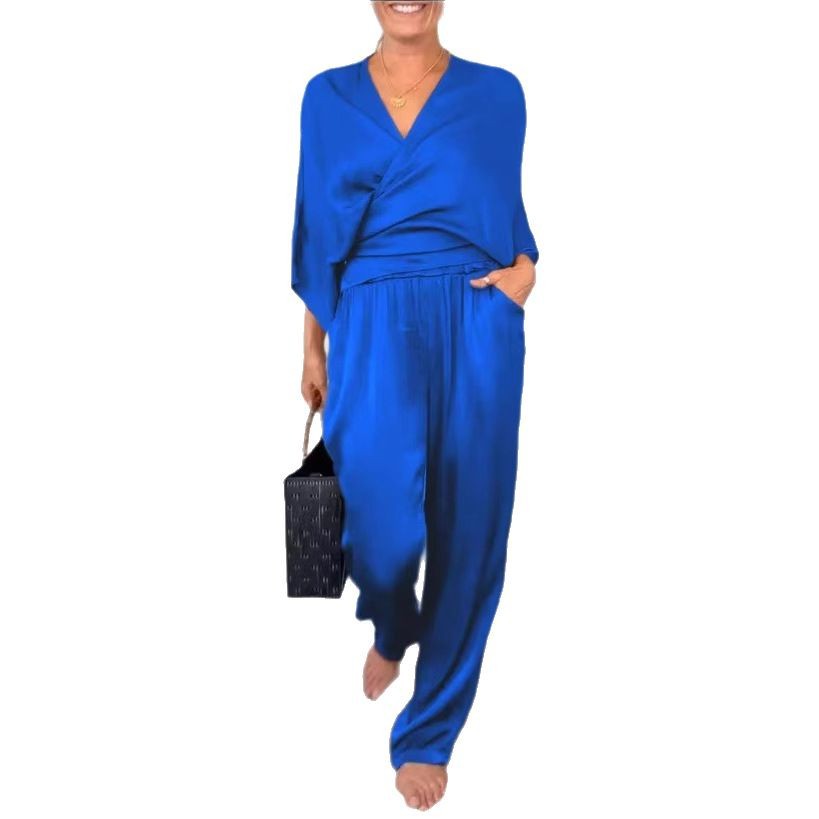 Women's Summer Satin Short Sleeve Top and Pants Set Solid Color