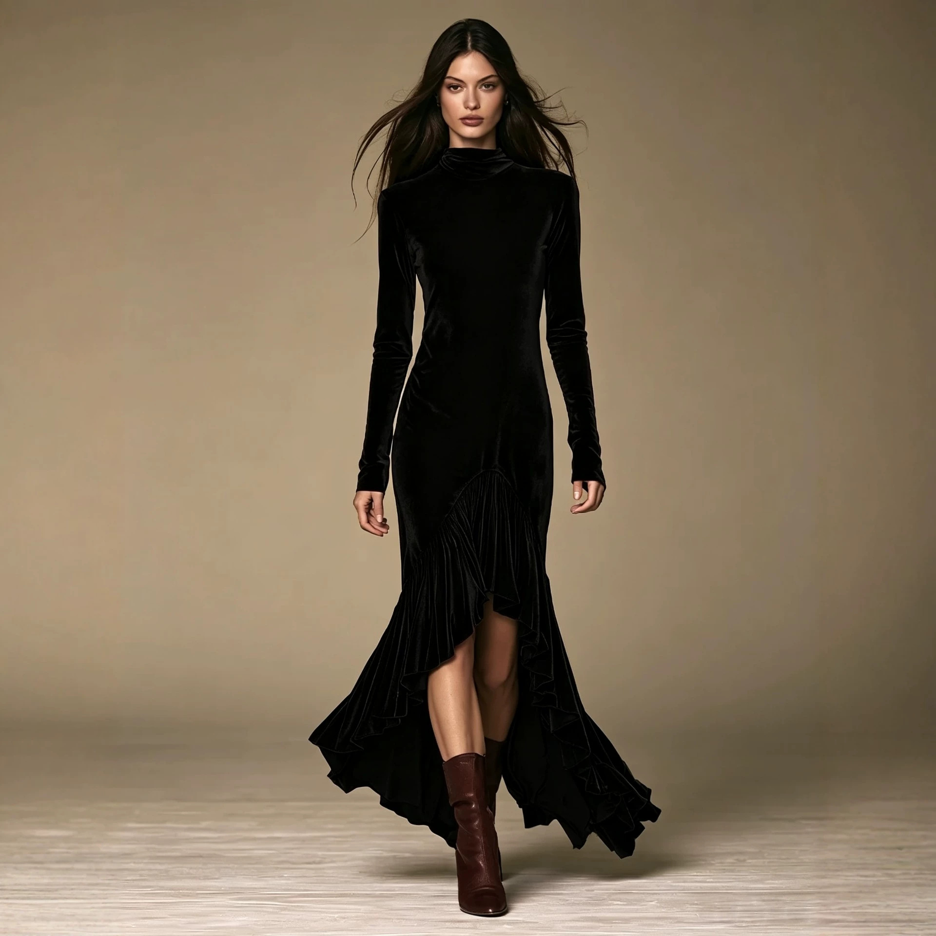 Velvet High Neck Ruched Mermaid Evening Dress with Ruffle Hem