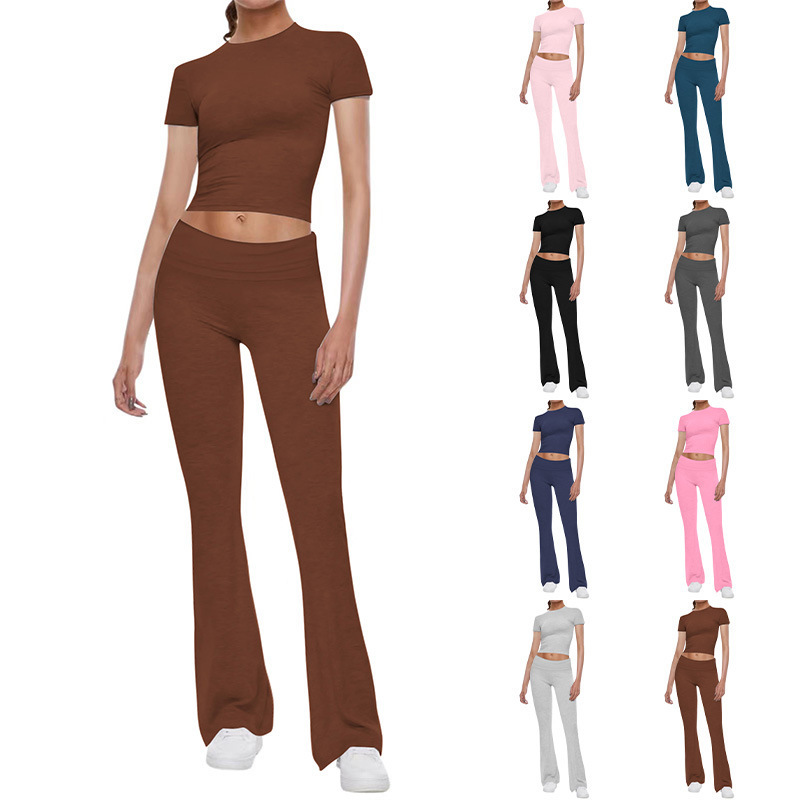 Solid Color Short Sleeve Crop Top and Pants Two-Piece Set
