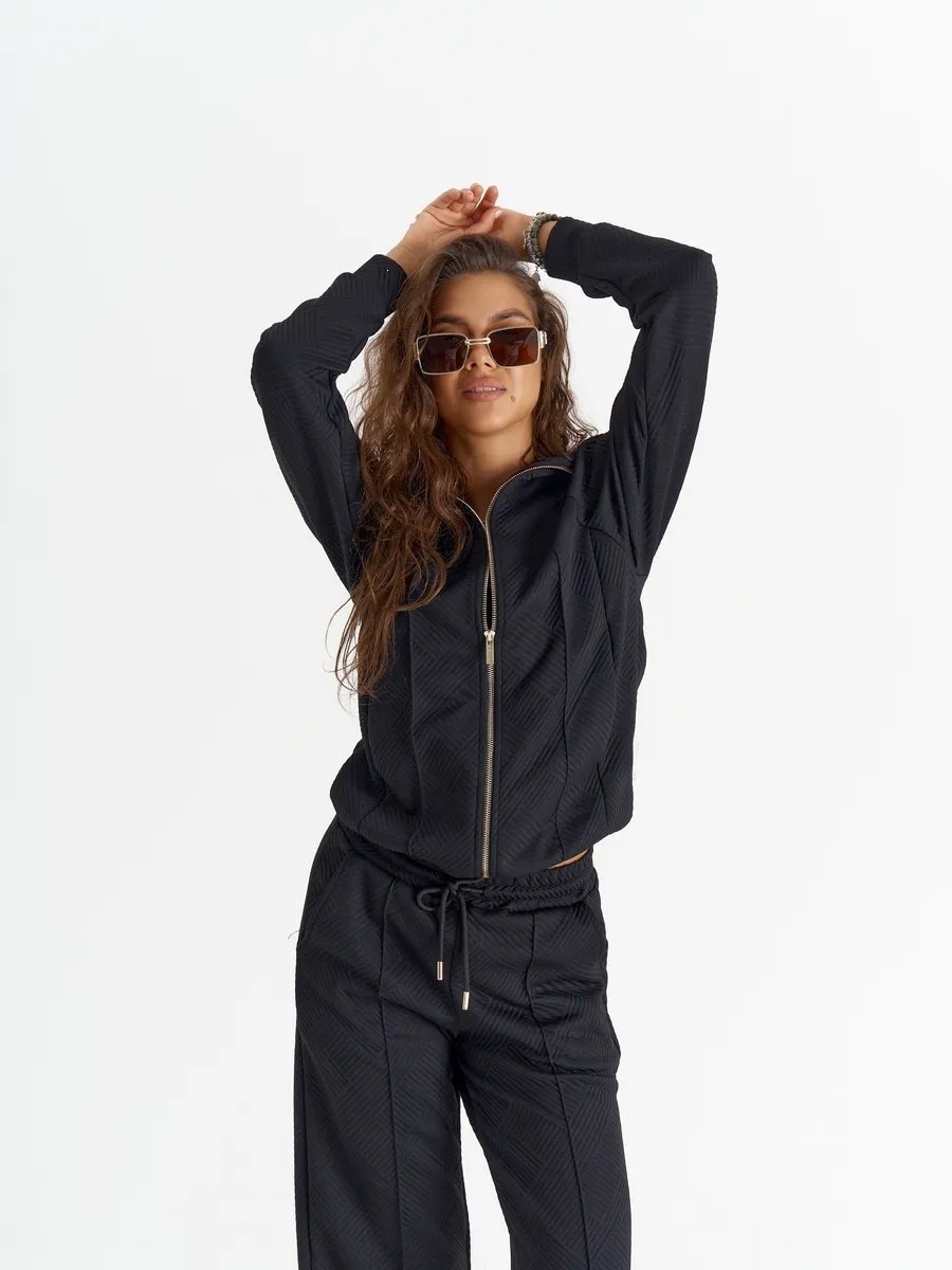 Women's Solid Color Long Sleeve Zip Loose Top and Tie-Waist Pants Two-Piece Set