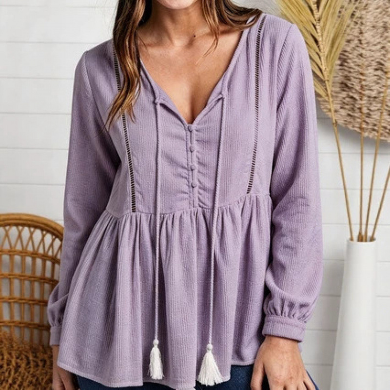 Women's V-Neck Lace Trim Long Sleeve Sweatshirt