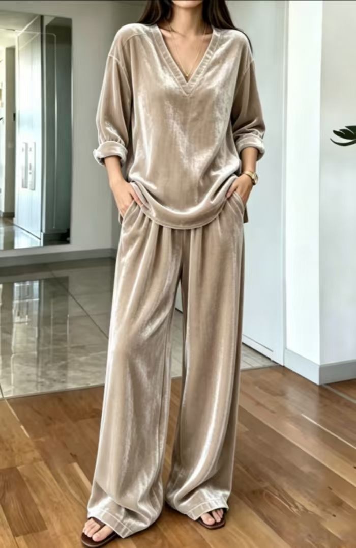 V-Neck Long-Sleeve Velvet Loose Loungewear Two-Piece Set