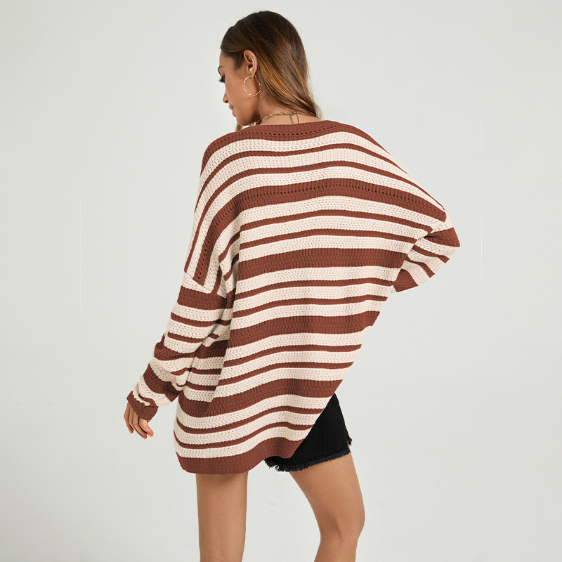 Color-Block Striped Knit Pullover Sweater Women Loose Fit Long Sleeve