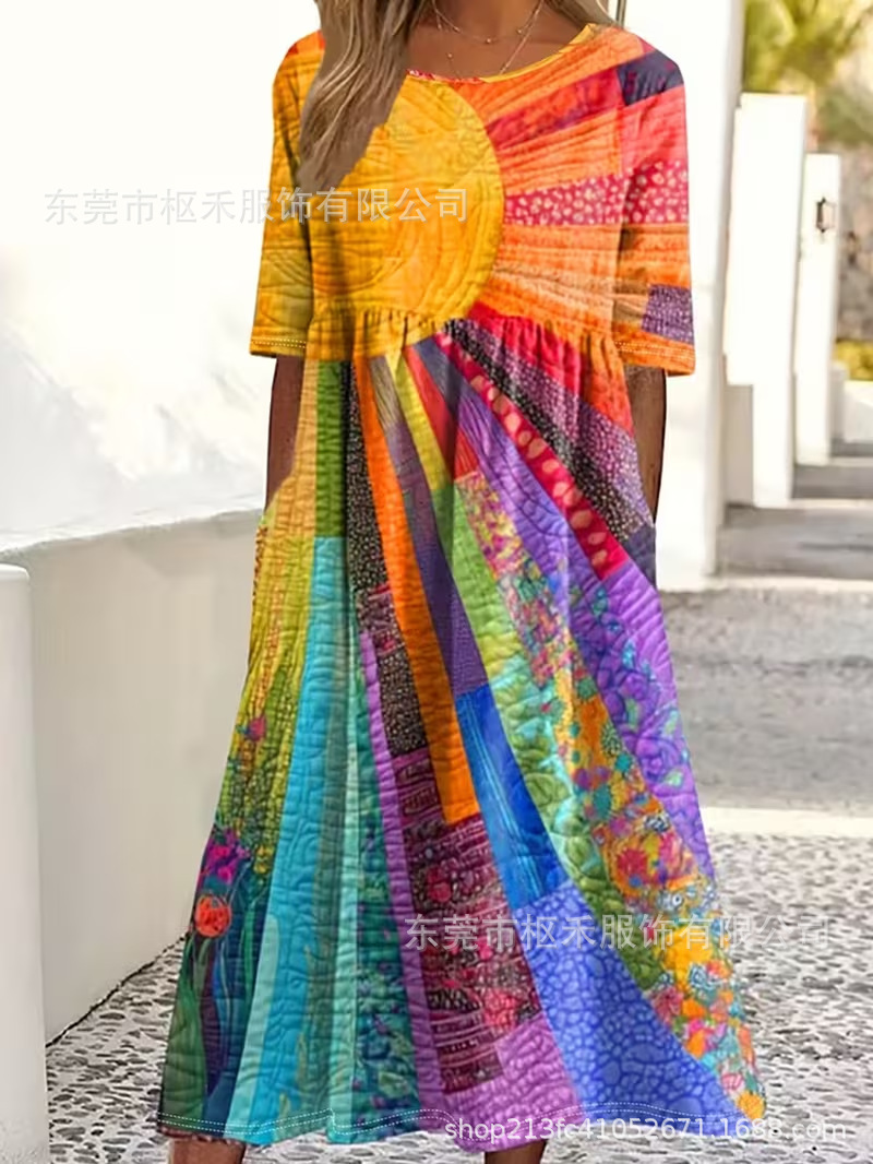 Women's Colorful Floral Print Ruched Midi Dress