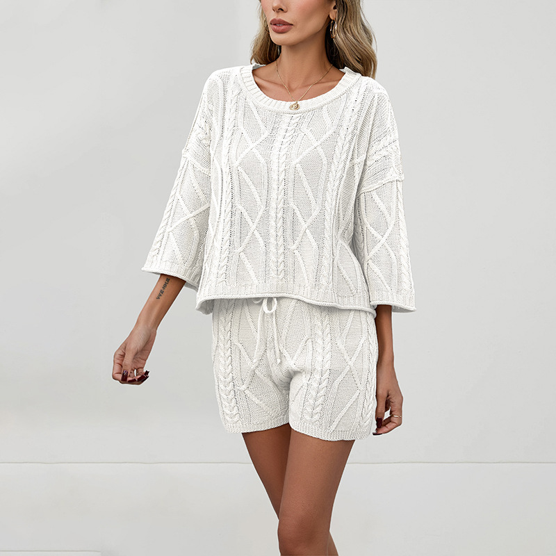 Cable-Knit Solid Color Crewneck Sweater and Shorts Set