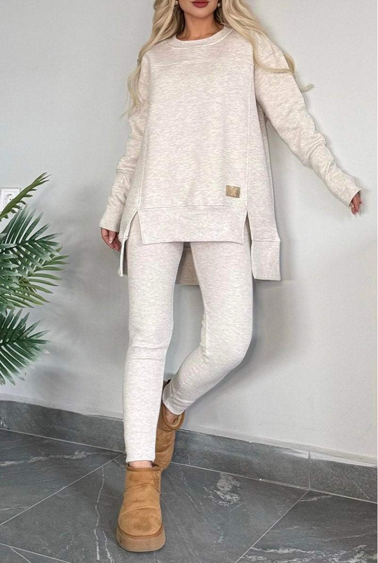 Women's Casual Solid Color Long Sleeve Round Neck Slit Top Set