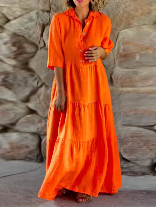 Solid Color Collared Long Sleeve Button Loose Dress