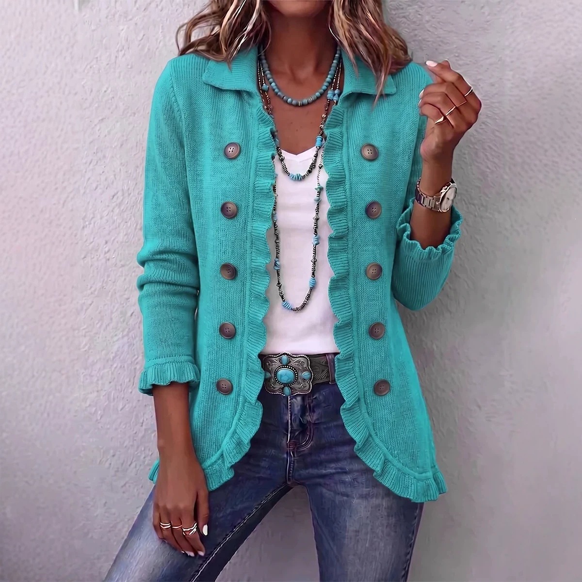 Women's Ruffle Button-Front Knit Cardigan