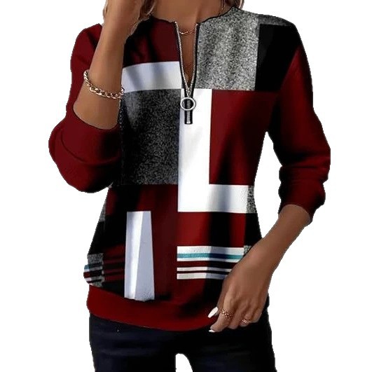 Retro Plaid Colorblock Print Half-Zip Hoodie for Women