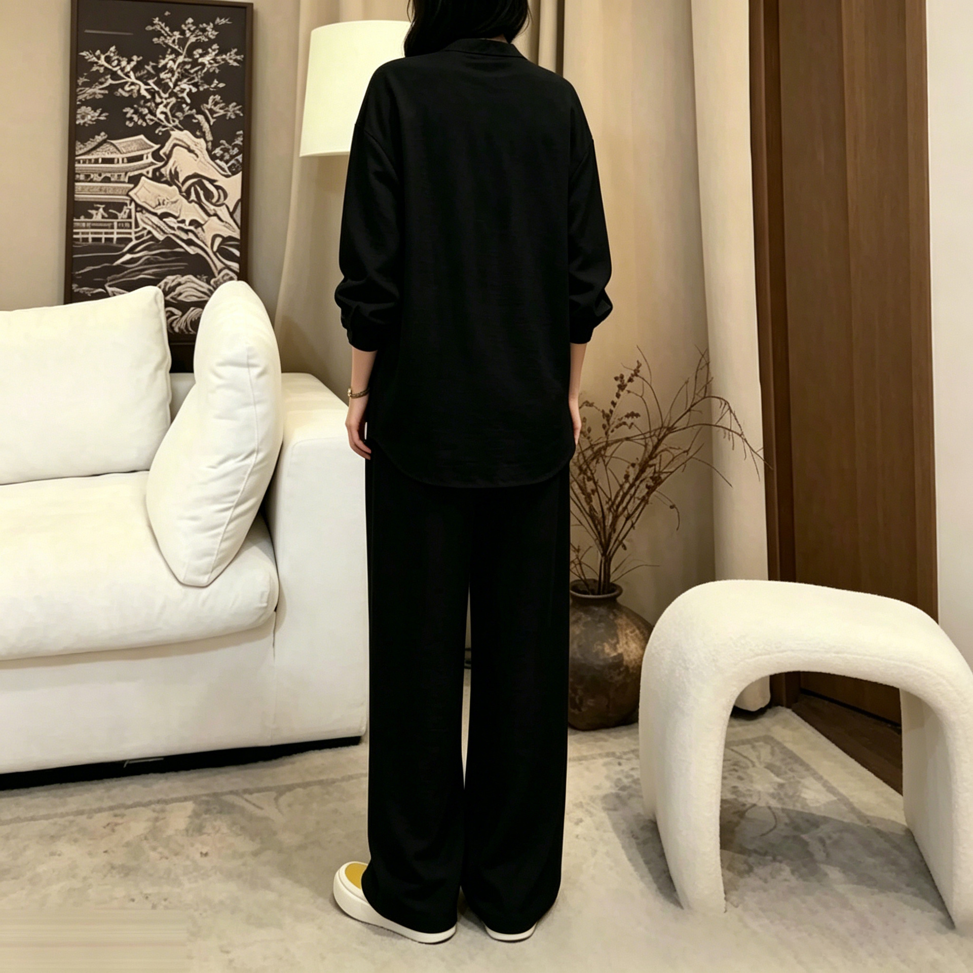 Women's Textured Two-Piece Set with Loose Shirt and High-Waist Wide-Leg Pants