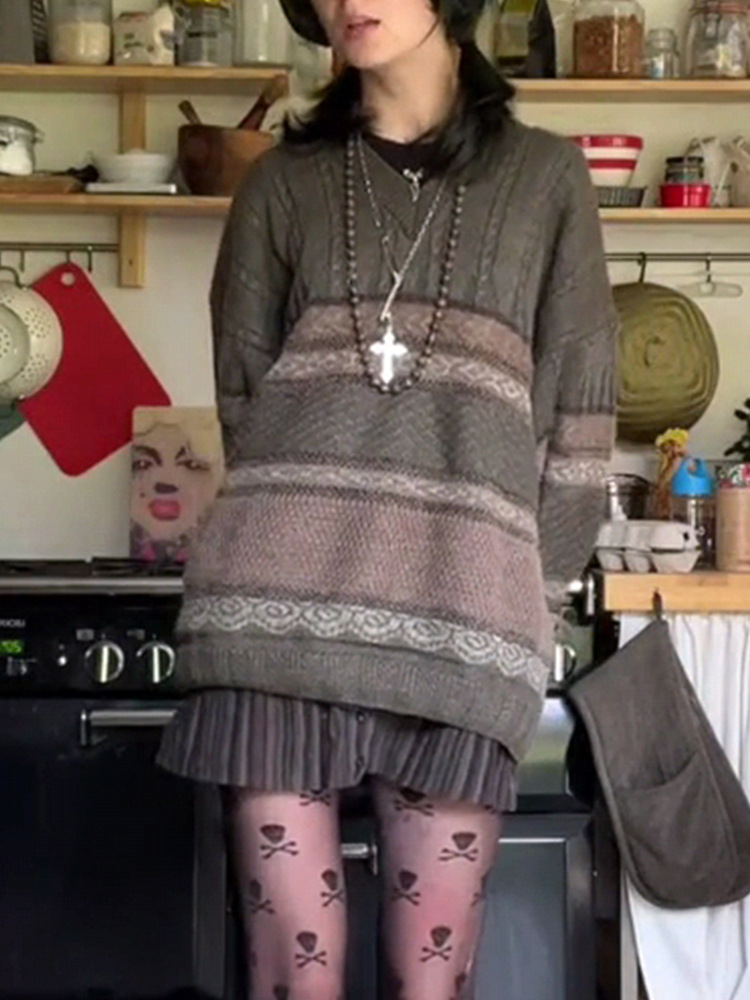 V-Neck Long-Sleeve Striped Color-Block Loose Knit Sweater