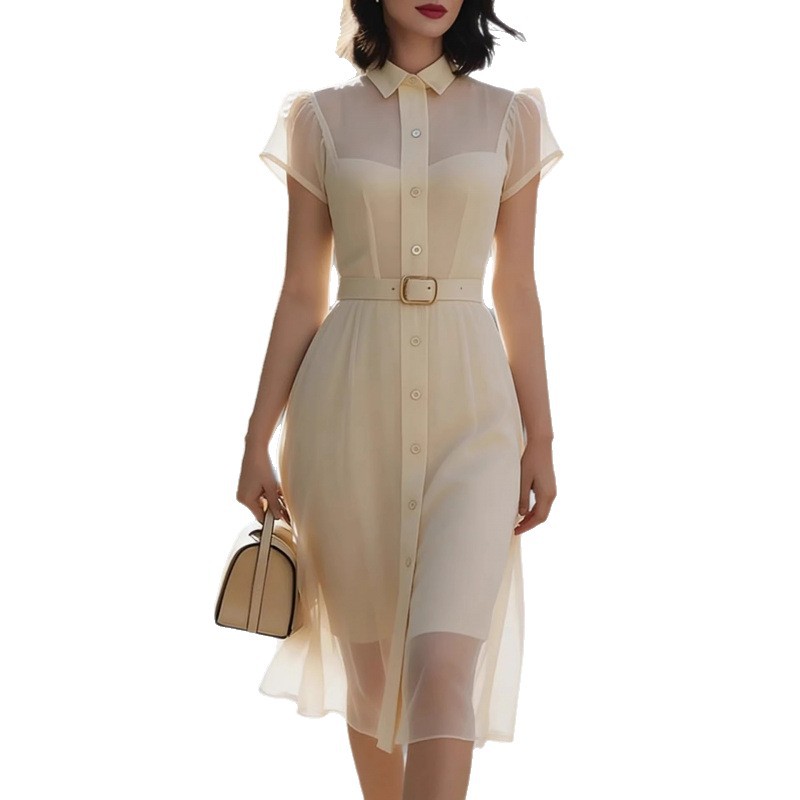 Elegant Mesh Panel Polo Collar Short Sleeve Midi Dress