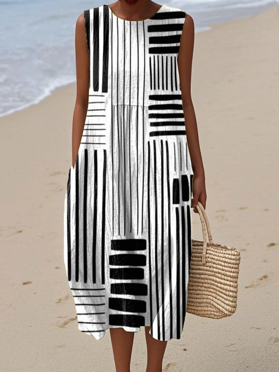 Women's Retro Multicolor Striped Floral Sleeveless Midi Dress
