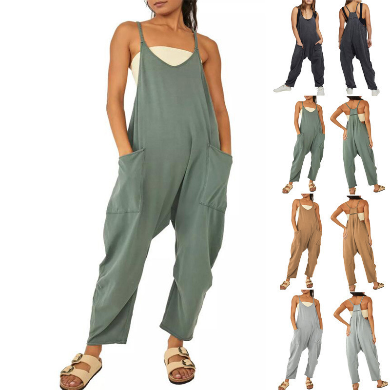 Women's Solid Color Zip Pocket Cami Jumpsuit with Wide Leg