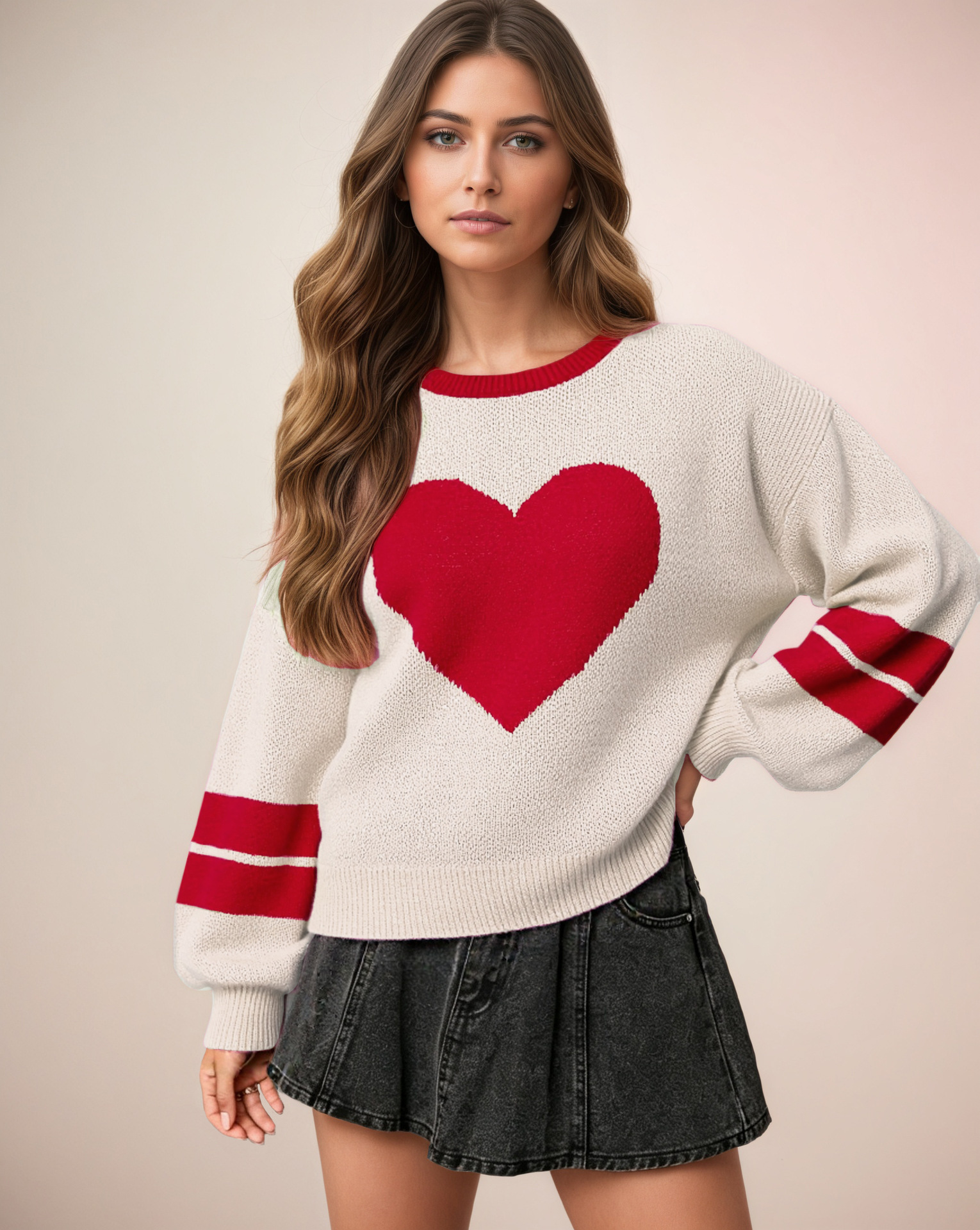 Heart Jacquard Knit Sweater Women's Lazy Round Neck Pullover