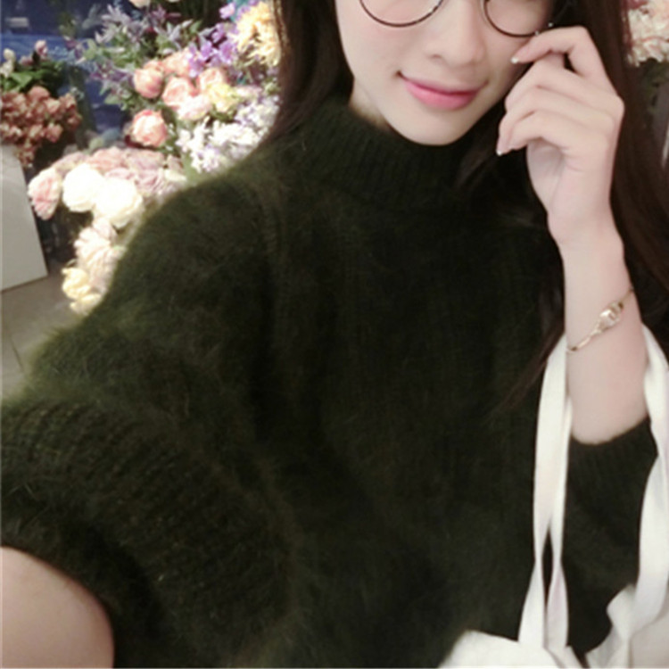 Faux Mink Half-Turtleneck Lantern-Sleeve Knit Sweater