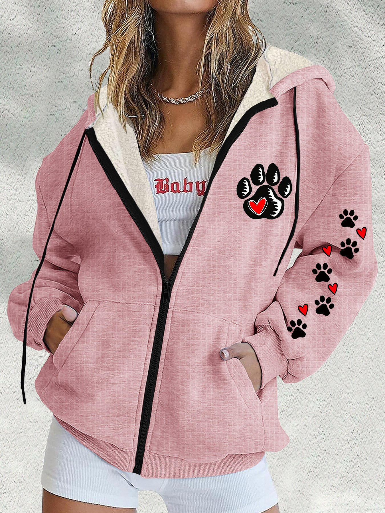Women's Paw Print Heart Zip-Up Hoodie Long Sleeve Crew Neck