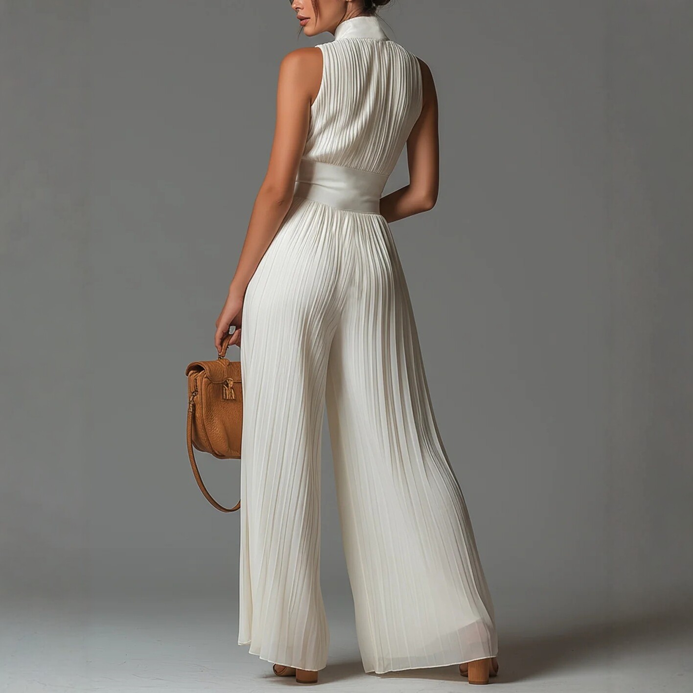 White Pleated Halter Wide-Leg Jumpsuit for Women