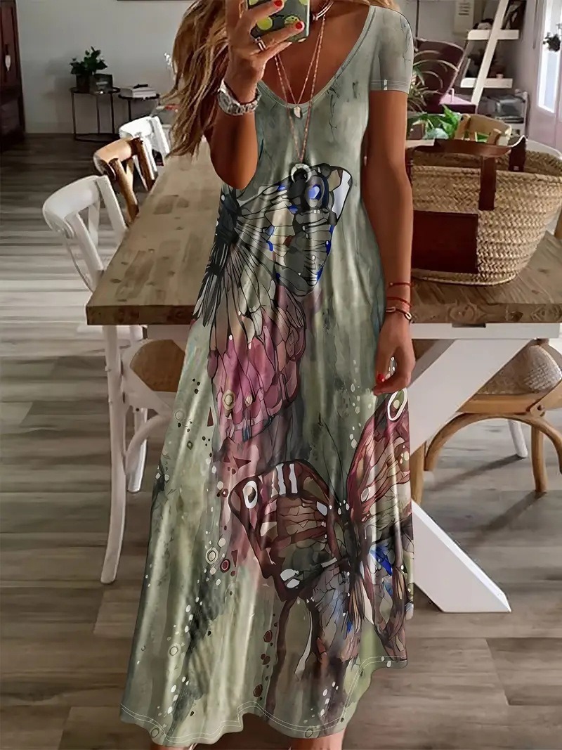 Women's Short Sleeve V-Neck Butterfly Print A-Line Maxi Dress