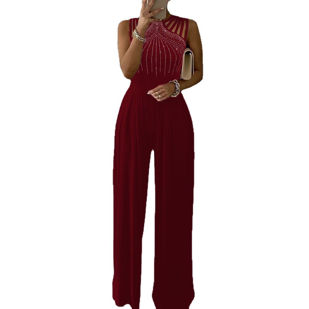 Women's Sleeveless Jumpsuit with Rhinestone Accents, Solid Color, Slim Fit, Long Pants