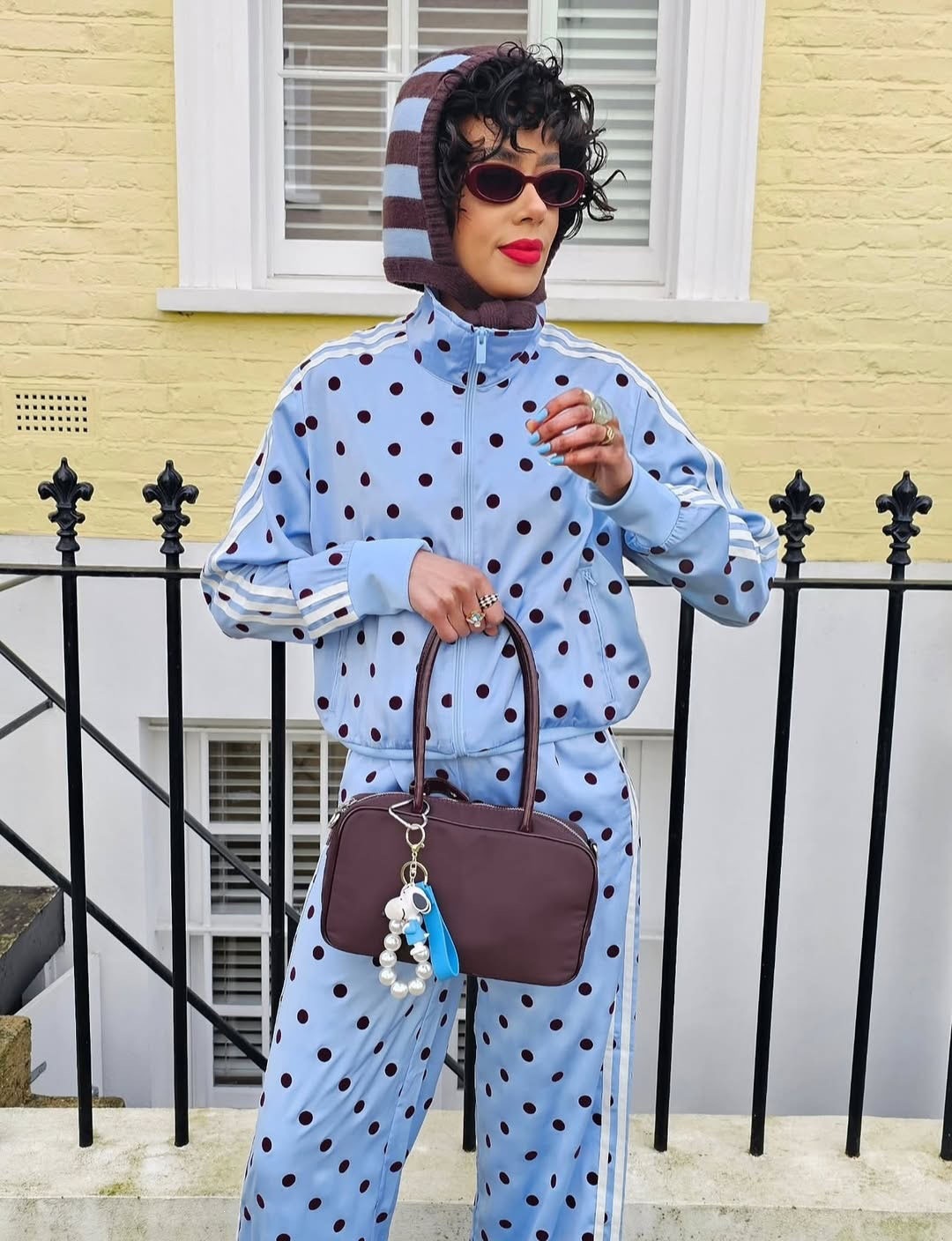Polka Dot Three-Stripe Casual Set with Retro Stand Collar Jacket and Wide-Leg Pants