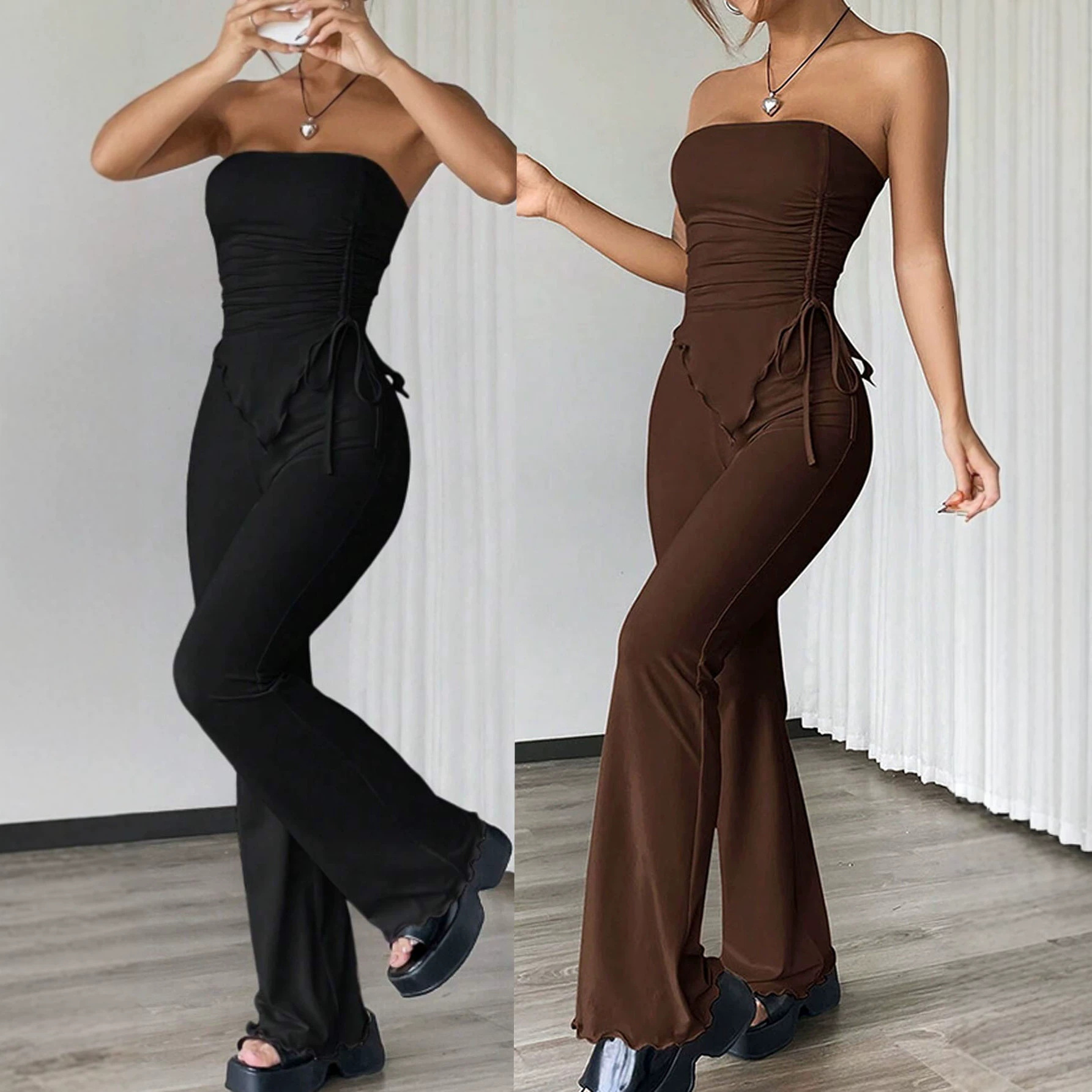 Sexy Strapless Drawstring Top and Pants Two-Piece Set