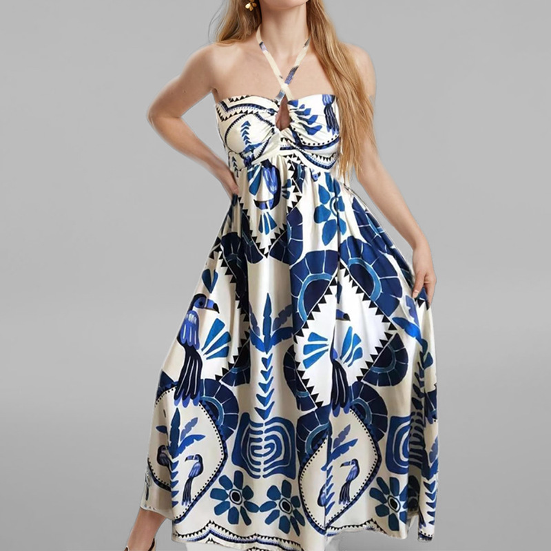 Women's Halter Neck Printed High Waist Midi Dress