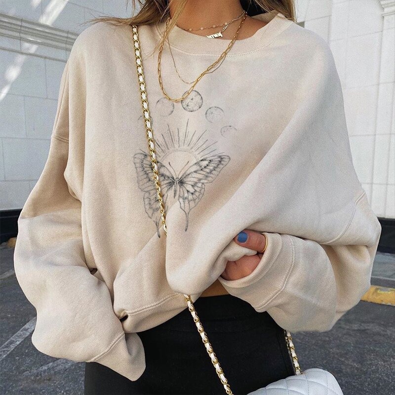 Butterfly Print Long Sleeve Crewneck Sweatshirt for Women