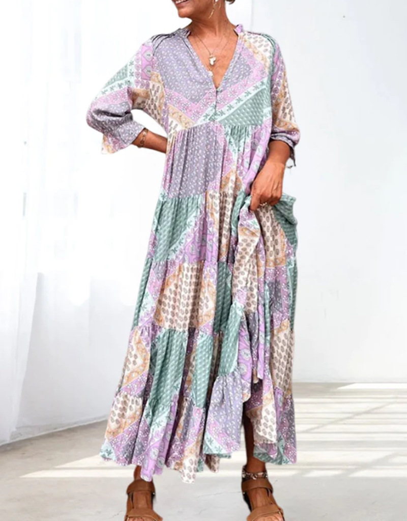 V-Neck Colorblock Casual Loose Long Dress